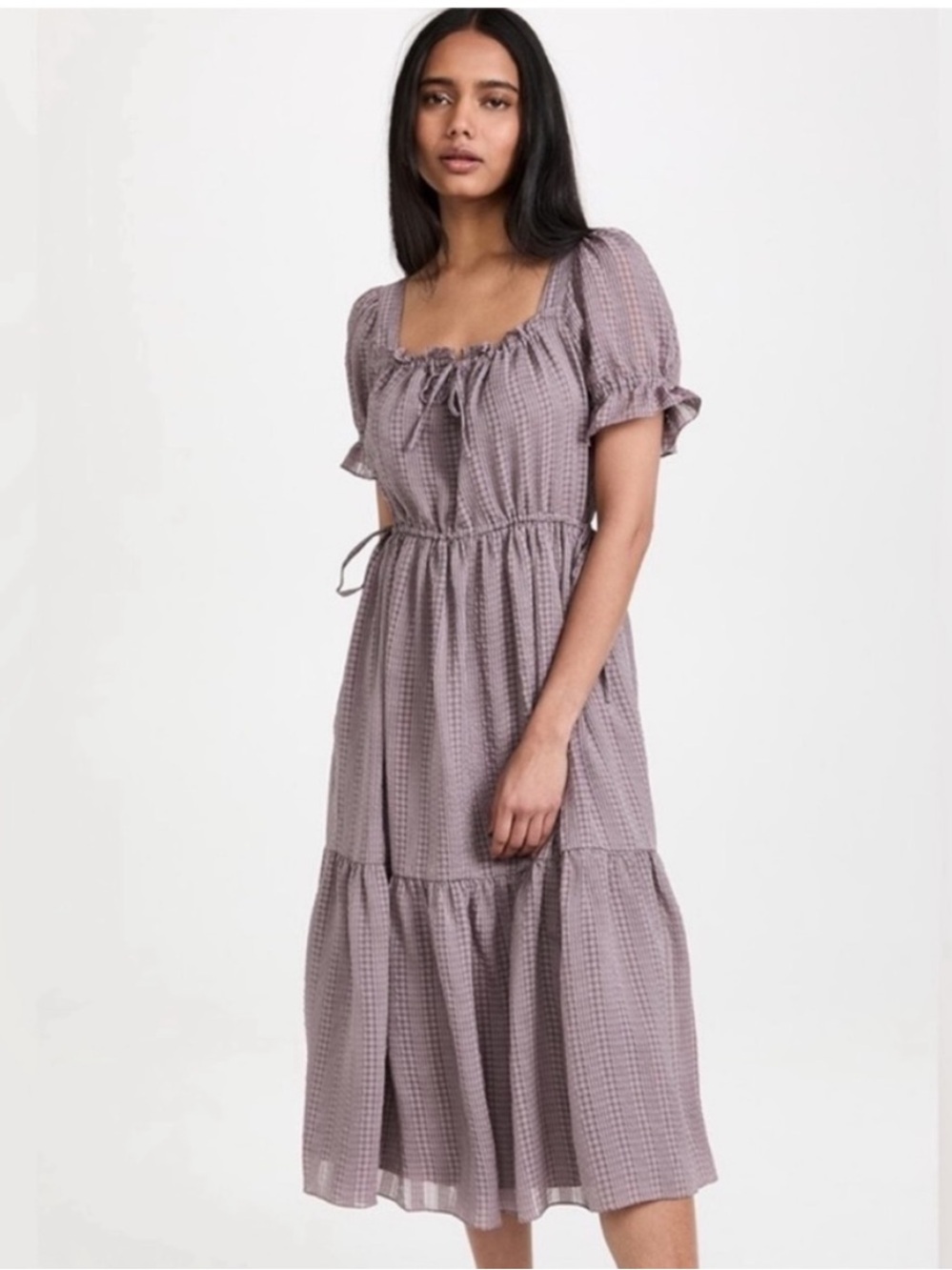 Madewell Purple Plaid Square Neck Tiered Textured Seersucker Midi Size Medium